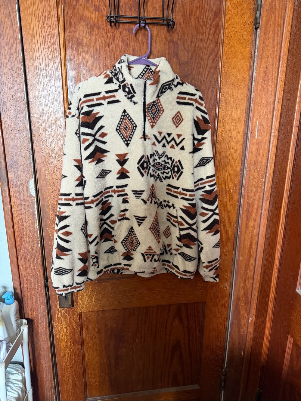 Cozy Aztec Sherpa Pullover Jacket in Ivory & Brown